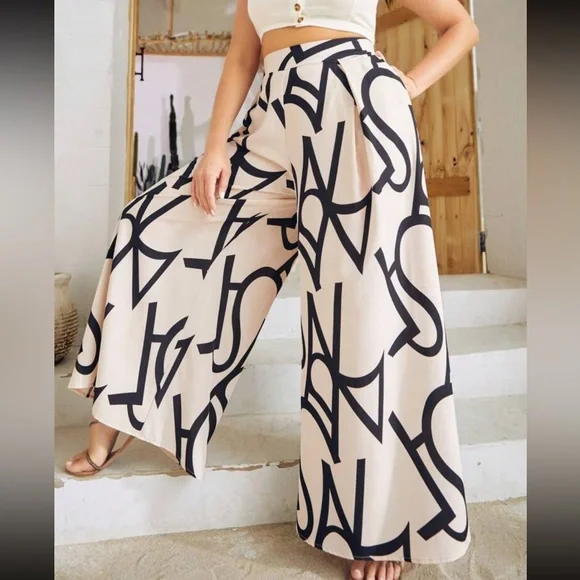 Plus Size Boho Alphabet Letter Print Pocket High Waist Wide Leg Palazzo Pants - Picture 1 of 6